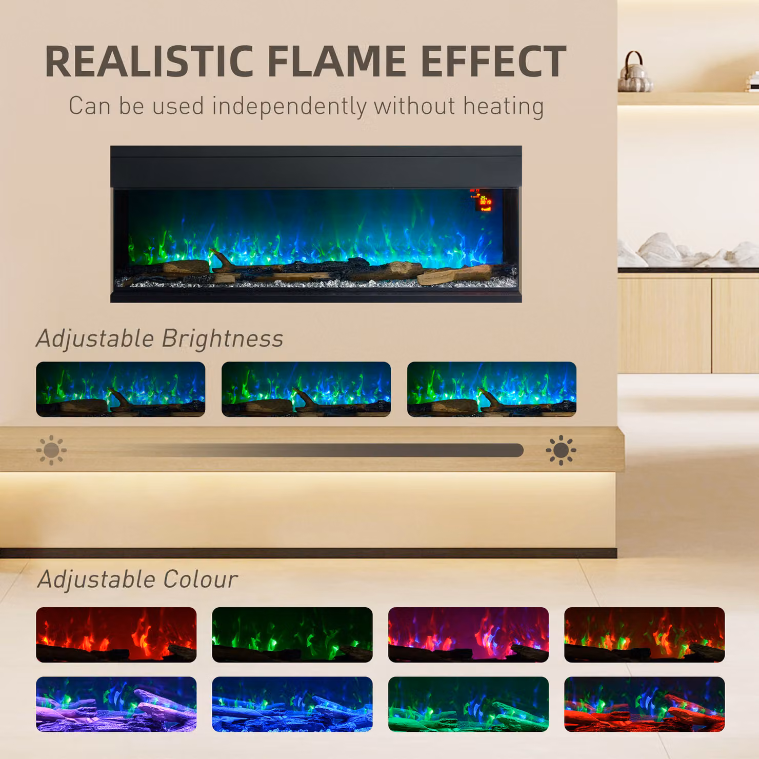 HOMCOM Black Wall Mounted Electric Fire with LED Flame Effect and Glass Front, 127 cm, 1800W – 4