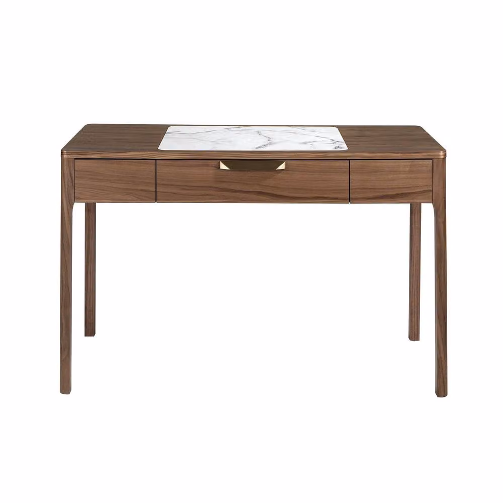 Angel Cerda Modern Walnut Dressing Table with Glossy White and Grey Marble Glass Top in Brown – 2