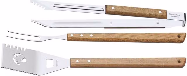 Tramontina 3 Piece BBQ Tools Set in Stainless Steel and Natural Wood with Brown and Yellow Accents