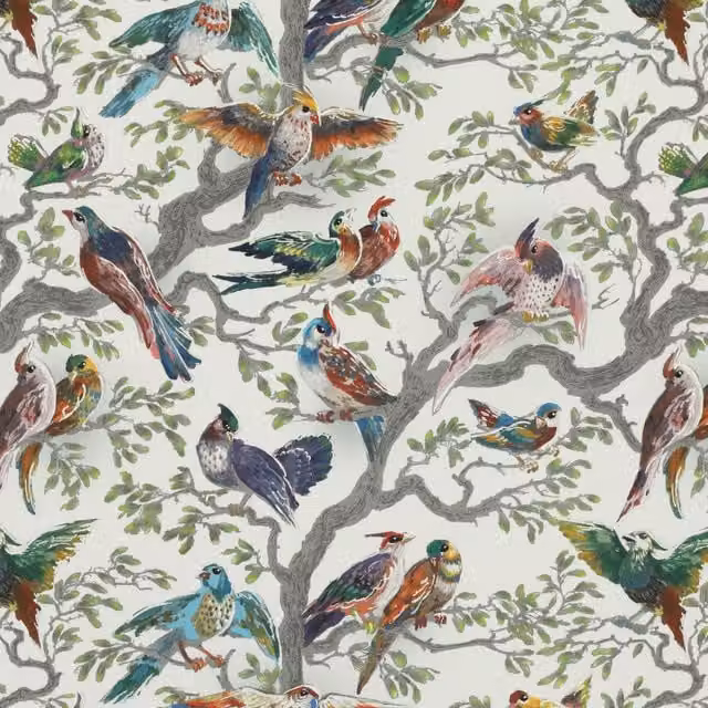 HOUSE Llewelyn-Bowen Birdity Absurdity Printed Cotton Fabric in Multicolour and White