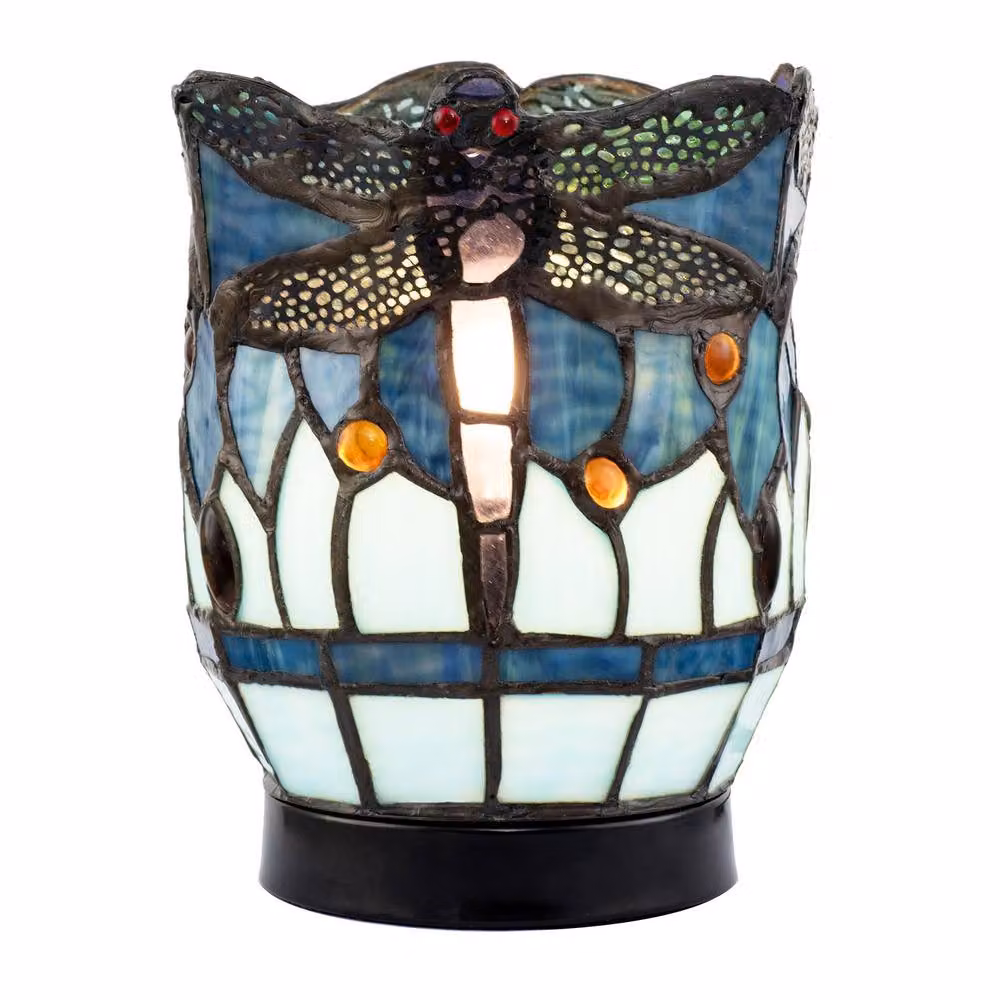 Happy Homewares Classic Dragonfly Tiffany Uplighter Tabletop Lamp in Blue Stained Glass and Black Metal, H: 40.0 cm, W: 18.0 cm, D: 15.0 cm – 2