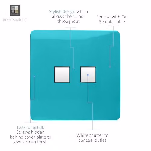 Trendi Switch 2 Gang RJ45 Cat 5e Ethernet Socket in Bright Teal – 2