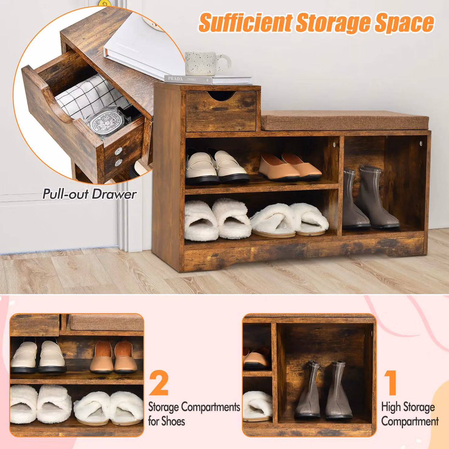 Gymax Brown Rustic Wood Shoe Bench and Entryway Storage Cabinet with Removable Fabric Cushion – 9