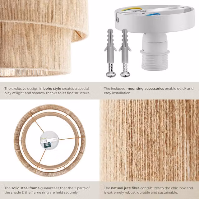 tectake Lignea Lux Boho Style Jute and Metal Ring Ceiling Light in Brown