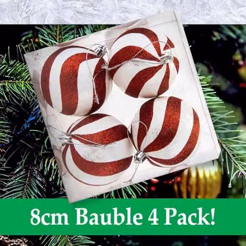 VFM Red and White Striped Candy Cane Baubles, 4 Pack, Diameter: 8 cm – 8