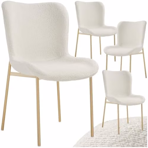 tectake Set of 4 Tessa Dining Chairs in White Bouclé with Gold Metal Legs