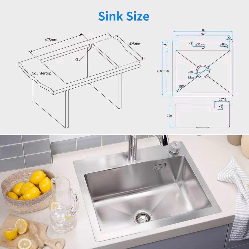 Resmo Single-Bowl Stainless Steel Kitchen Sink with Drain Kit in Silver, W: 50.0 cm, D: 42.5 cm, H: 19.0 cm – 3
