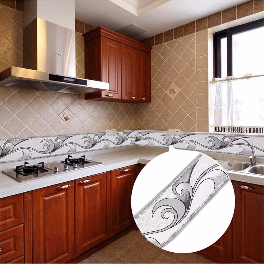 PAWNORA Silver Abstract Self-Adhesive Moisture-Resistant Waist Line Border Wallpaper – 3