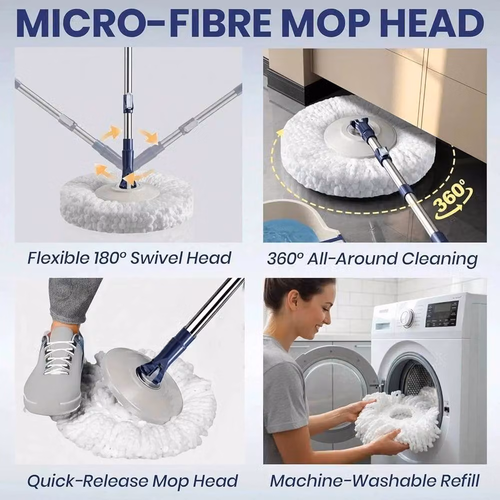 FLAVORA Cream and White Microfibre Spin Mop and Bucket Set with Wringer – 3