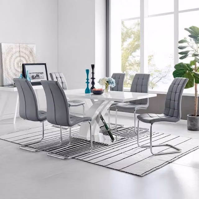 FurnitureboxUK Atlanta Rectangle White High Gloss Dining Table and 6 Murano Grey Chairs