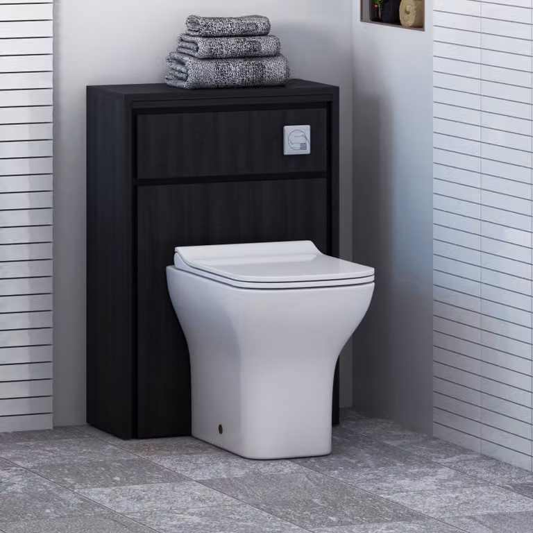 Livora Black Woodgrain Wall Mounted WC Unit with Qubix Rimless Ceramic Toilet Pan, Slim Soft Close Seat and Cistern, Width: 55.5 cm