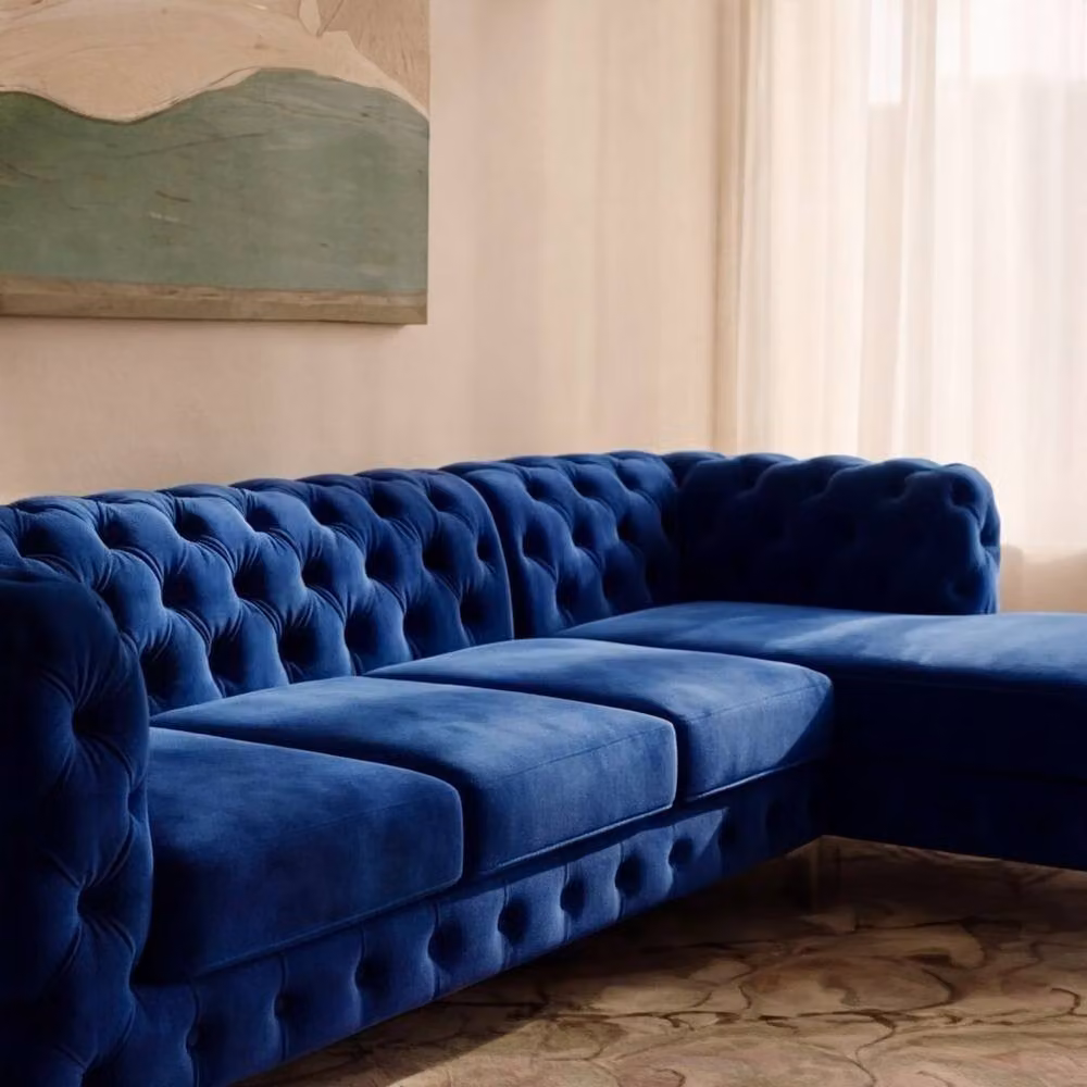 Sofaya Monaco Chesterfield 4 Seater L-Shaped Sofa in Blue Velvet with Right Hand Chaise – 2
