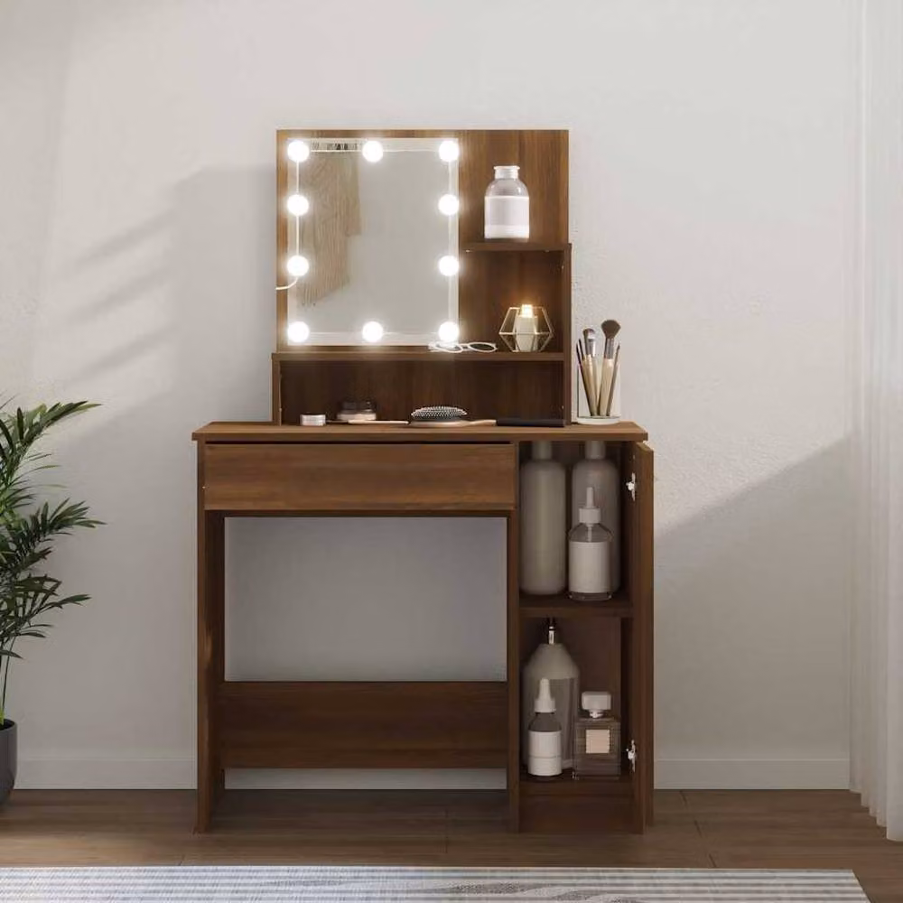 Berkfield Home White and Brown Oak Dressing Table with Hollywood LED, W: 86.5 cm, D: 35 cm, H: 136 cm – 2