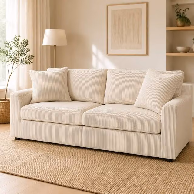 STILVORA Modern Corduroy Upholstered Sofa in Beige with Scatter Cushions