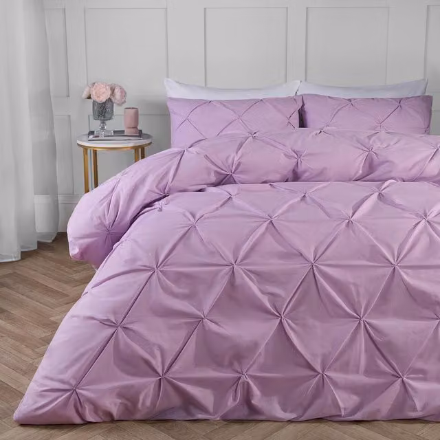 Highams Diamond Pintuck Duvet Set and Pillowcase in Purple, W: 140 cm, H: 200 cm