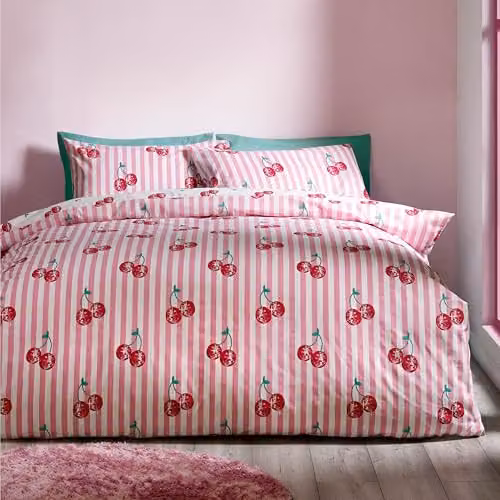 Catherine Lansfield Disco Cherries Stripes Reversible Duvet Cover and Pillowcase Set in Pink and White, W/D/H: 180 x 200 cm