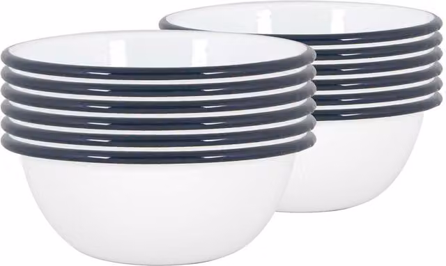 Argon Tableware Set of 12 White Enamel Steel Bowls, 16 cm, Blue – 1