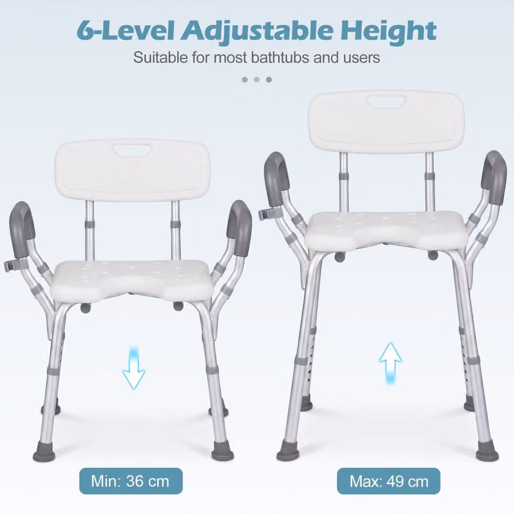 Gymax White Bath Chair with Backrest, Adjustable Height and Armrests – 2