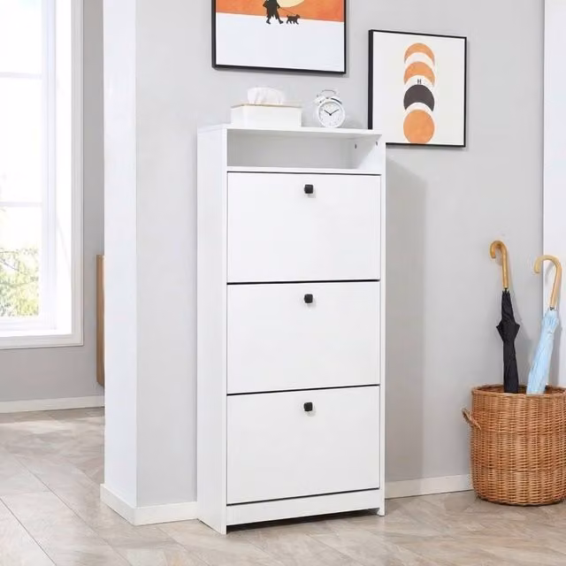 STILVORA Modern White Shoe Cabinet with 3 Internal Drawers and Tilting Compartments