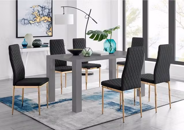 FurnitureboxUK Pivero Grey Rectangular Dining Table and 6 Black Faux Leather Milan Chairs with Gold Legs