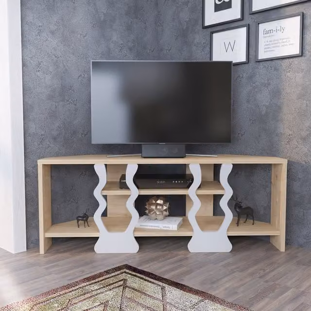 Decorotika Firal Corner TV Stand for TVs up to 45 inch in Light Oak and White – 1