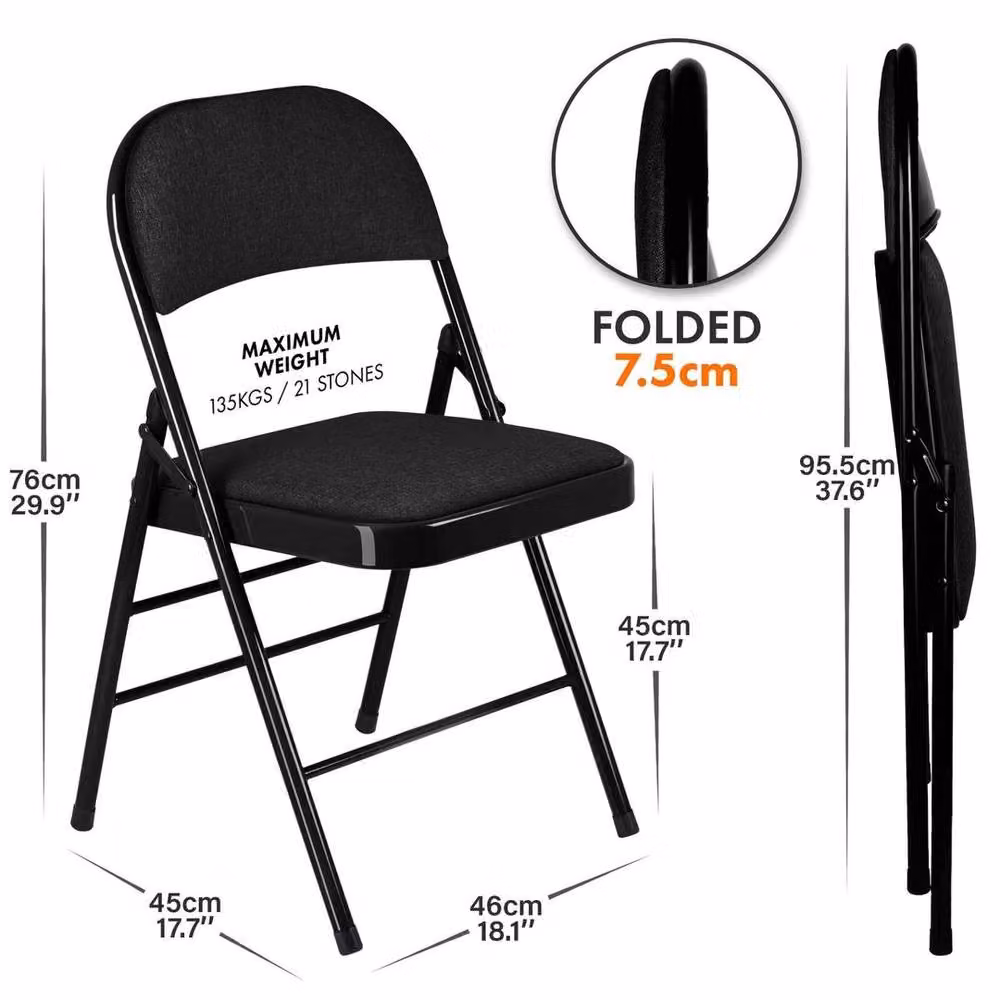 Kelvenix Black Folding Chairs with Padded Fabric Seats and Metal Frame, Height: 100 cm – 2