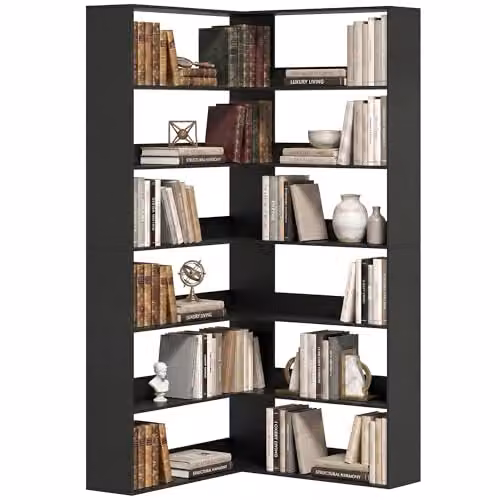 HOMCOM 7-Tier L-Shaped Corner Bookshelf in Black Wood Effect, W/D/H: 90 x 90 x 180 cm – 6