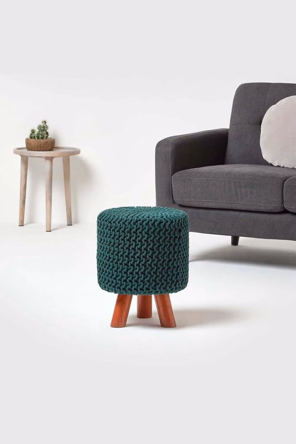 Homescapes Tall Cotton Knitted Footstool with Wood Frame in Green – 2