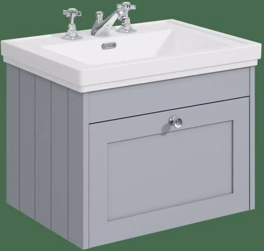 Balterley 600mm Wall Hung 1 Drawer Unit and Classic 3 Tap Hole Basin in Satin Grey