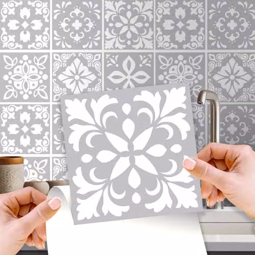 WALPLUS Andalu Light Grey Cement Spanish Tile Stickers, 24 Pack Self Adhesive Geometric Square Wall Decals, W/D/H: 15 x 15 x 0.18 cm