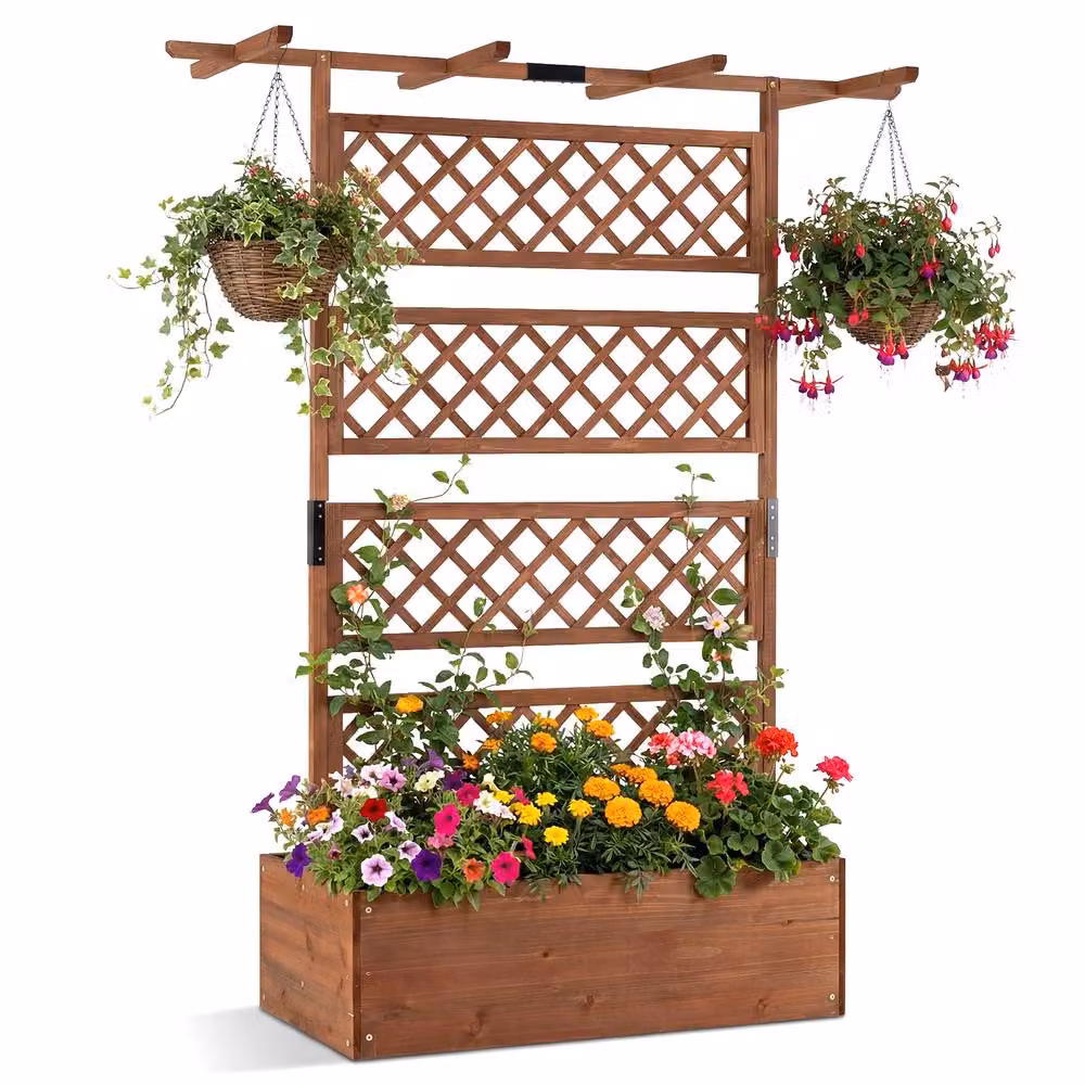 Costway Brown Wooden Raised Garden Bed Privacy Screen Planter Box – 3
