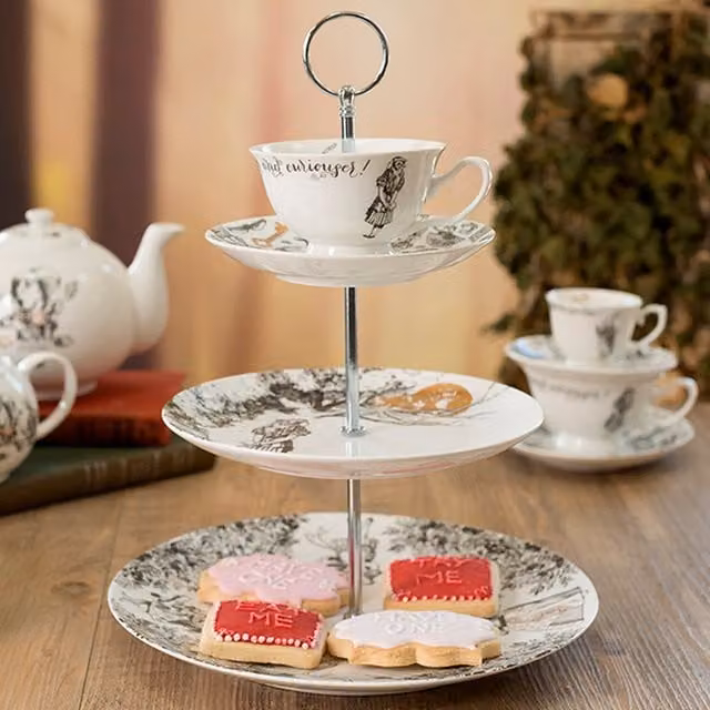 Victoria And Albert Alice In Wonderland 3 Tier Round Bone China Cake Stand in White, Black and Gold
