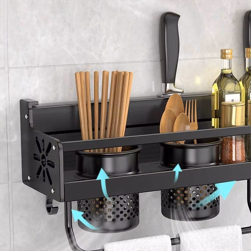 KORVIXA Wall Mounted Kitchen Utensils and Pan Hanging Rail Rack with Shelf in Matt Black, Width: 90 cm – 3