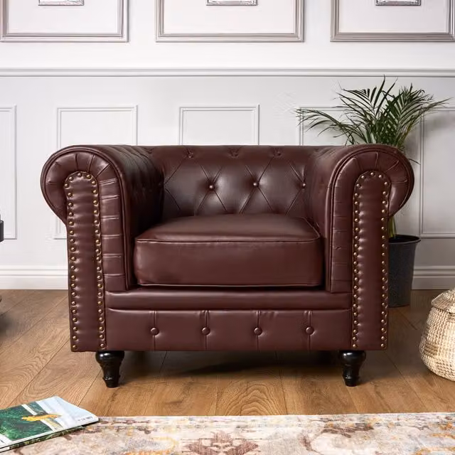 Bravich LTD Chesterfield Faux Leather Button-Tufted 1 Seater Armchair in Brown – 1