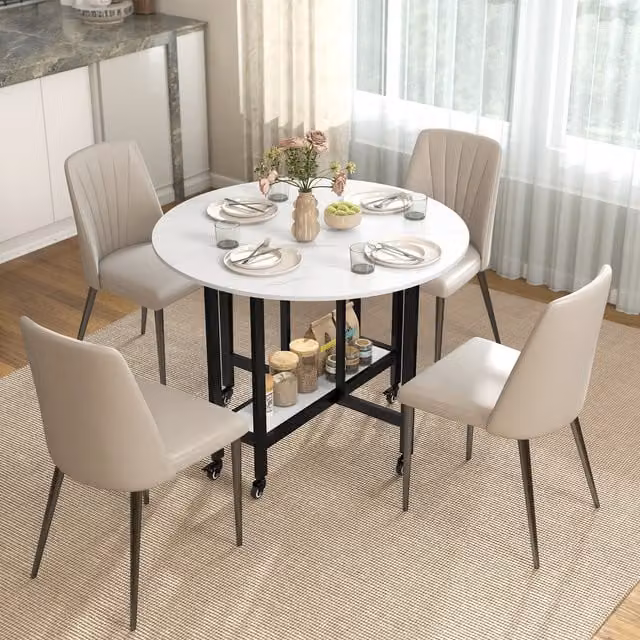 HOMCOM White Marble Drop Leaf Folding Dining Table with Open Shelf and Castors, White