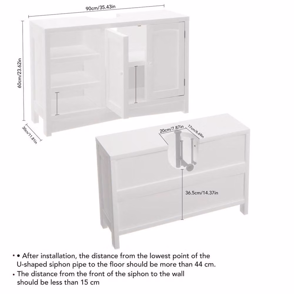 EONLION White Freestanding Bathroom Under Sink Storage Cabinet with Hinged Doors and Internal Shelves, W: 90 cm, D: 30 cm, H: 60 cm – 2