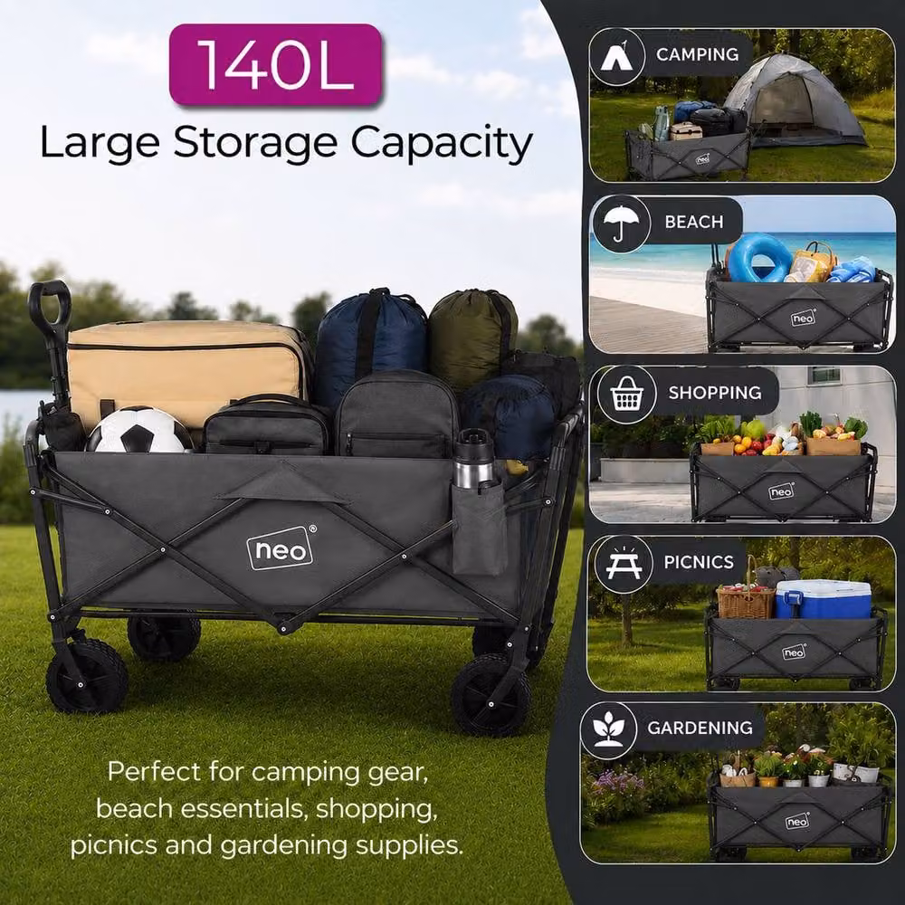 Neo Folding Garden Wagon Cart in Grey with 138L Capacity and 120kg Load Limit – 2