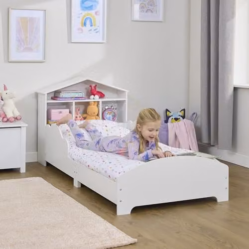 Liberty House Toys White Toddler Bed with House Frame and Bedside Shelf, W/D/H: 160 x 70 x 75 cm