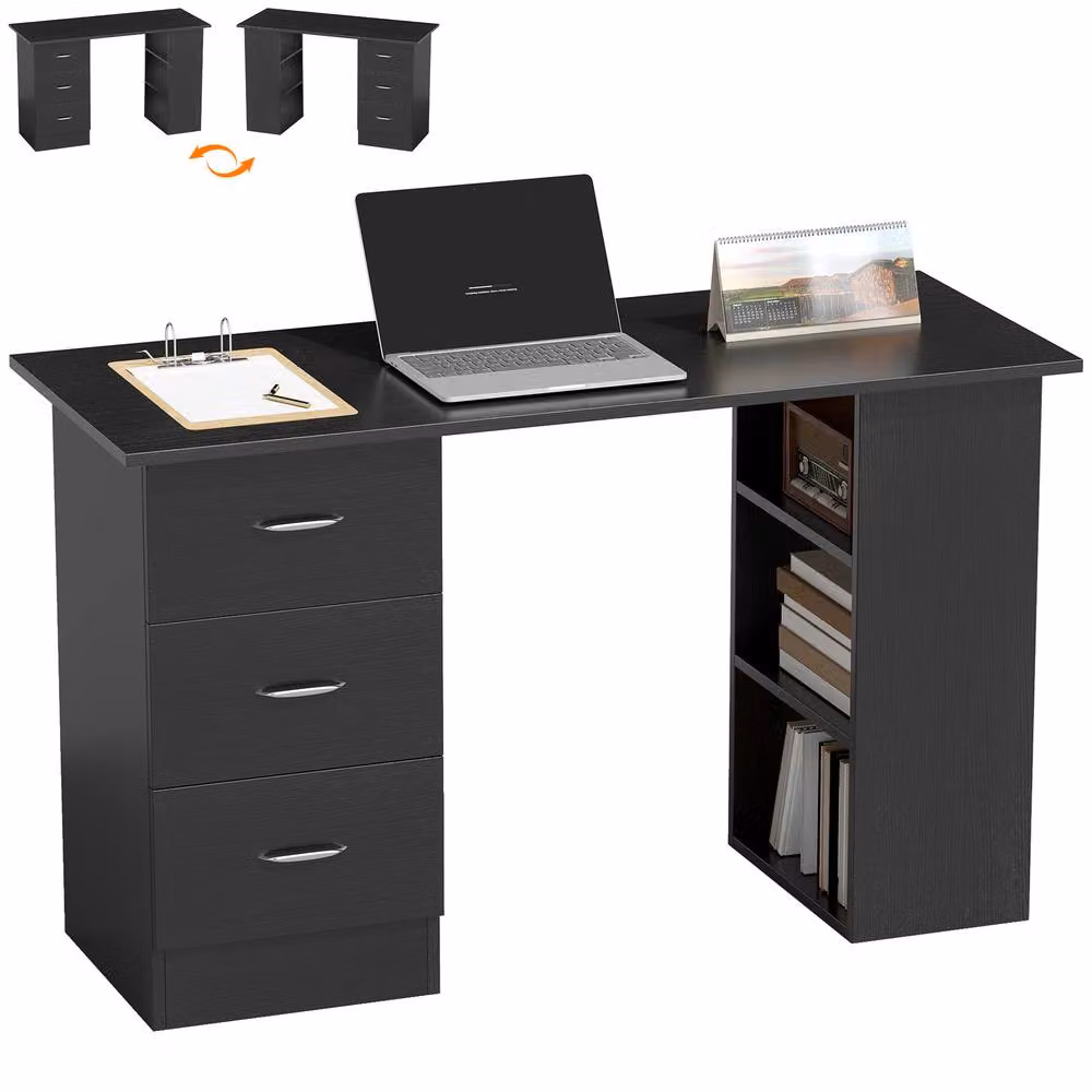 HOMCOM Black Computer Desk with Drawers and 3 Shelves, Width: 120 cm – 2