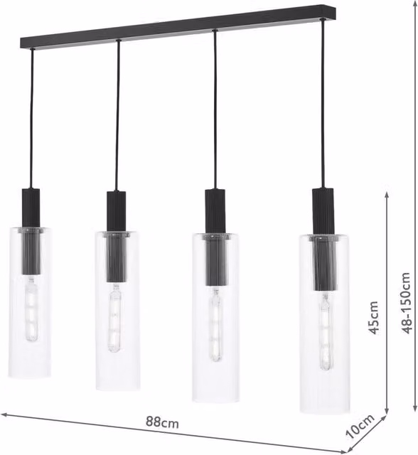 Dar Black Suspended Glass Pendant Light with Dimmable E27 Socket