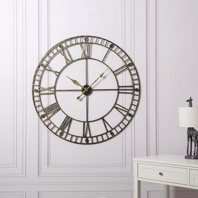 Home Garden Direct Skeleton Large Round Wall Clock in Black and Gold with Silent Quartz Movement