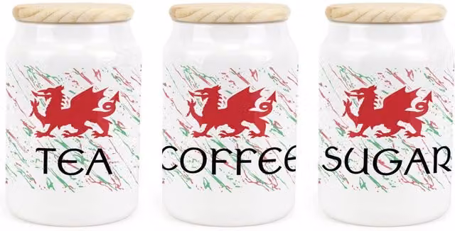 Purely Home Welsh Dragon Ceramic Tea, Coffee and Sugar Canister Set in Red, Green and White