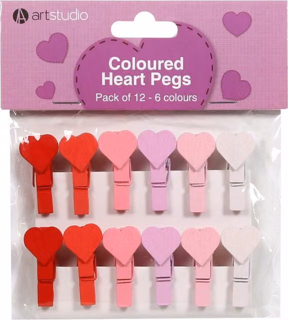 Art Studio Pack of 12 Multicoloured Wooden Heart Pegs