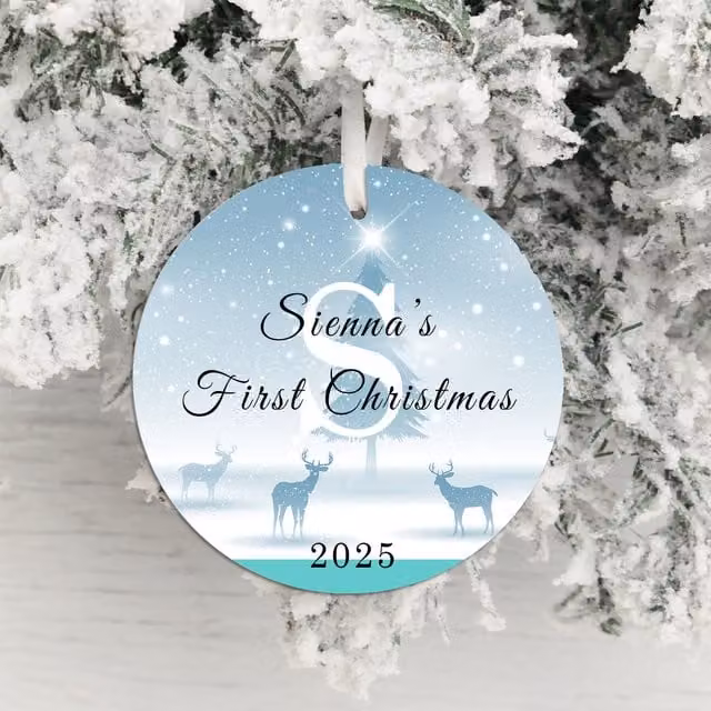 Uniqueful Personalised First Christmas Baby Hanging Decoration, Blue Round Paper Pendant