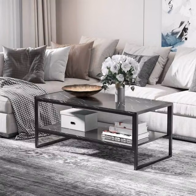 STILVORA Modern Black Rectangular Coffee Table with Two-Tier Storage Shelf and Sled Base – 1