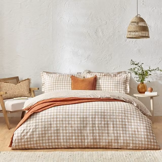 Make it a Home Reversible Cotton Gingham Check Duvet Cover and Pillowcase Set in Beige and Orange, W: 140 cm, L: 200 cm