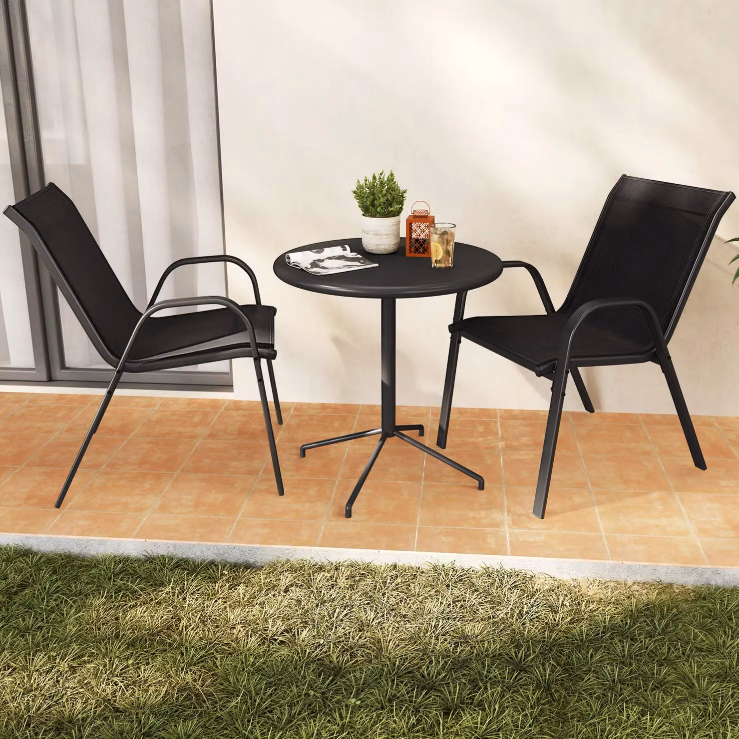 Gymax Set of 4 Stackable Metal Patio Dining Chairs with Armrests in Matt Black – 7