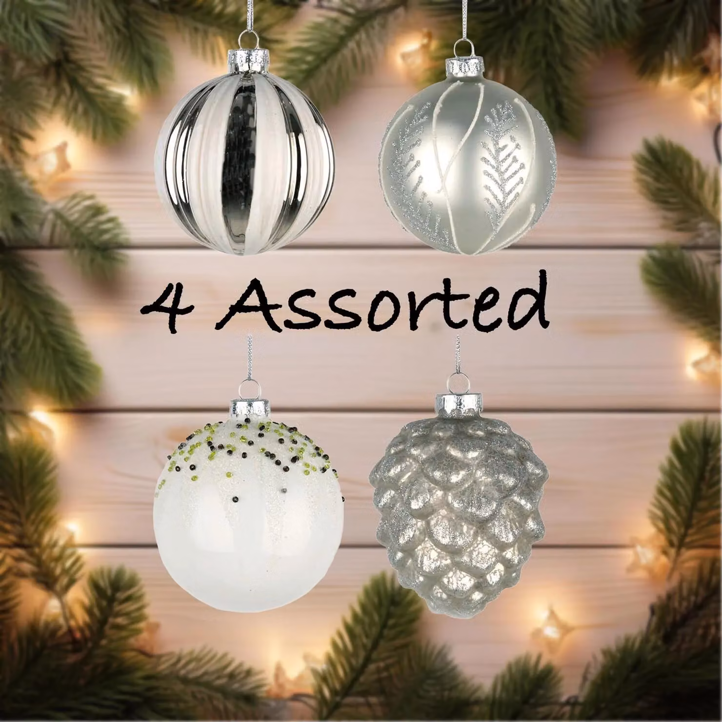 Shatchi 12-Piece Set of Glass Christmas Bauble Hanging Ornaments in Silver and White, Diameter: 8 cm – 7