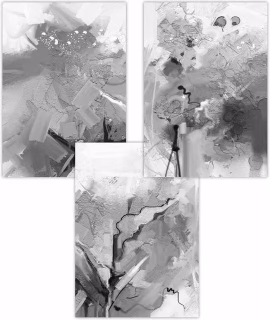 ARTZE Set of 3 Modern Abstract Black and Grey Mixed Media Fractal Art Paper Posters, W: 30 cm, H: 42 cm