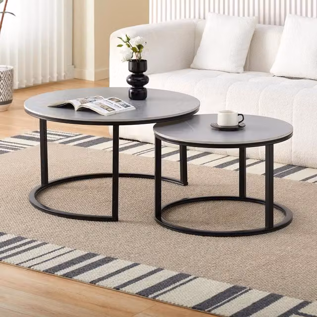 Comfy Living Dual Sintered Stone Nested Coffee Table Set in Grey and Black